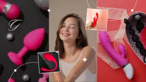 A three-panel collage graphic showing pink silicone intimacy products on a black background on the left, a smiling woman with eyes closed in the center, and purple massagers inside a gift box on a red background on the right.