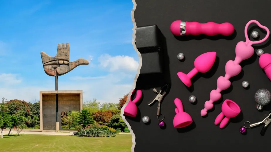 Split screen graphic featuring the iconic Open Hand Monument of Chandigarh on the left, and an array of premium pink silicone adult toys and massagers on a sleek black background on the right.