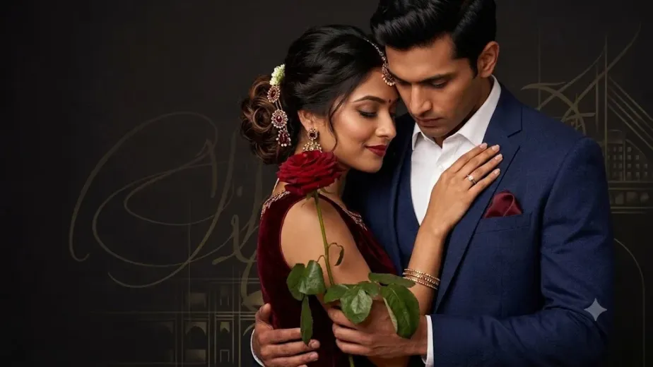 An Indian couple in formal traditional and modern attire embracing and holding a red rose, illustrating concepts of deep intimacy and relationship wellness for the guide on modern Indian relationships.