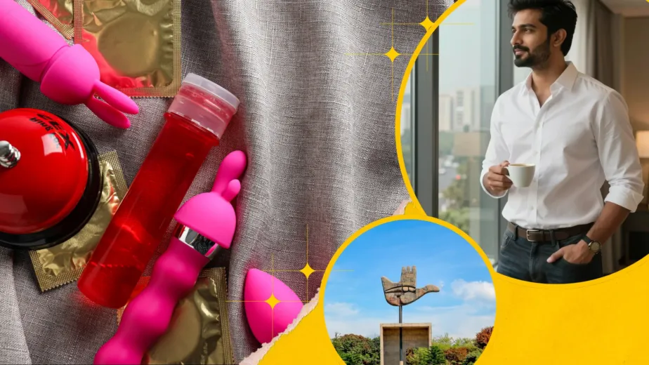 A creative collage for a men's health guide featuring intimate wellness massagers on the left, a confident Indian man holding a coffee cup on the right, and the Chandigarh Open Hand Monument at the bottom.
