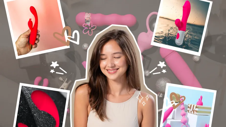 An illustrative graphic collage featuring a smiling young woman surrounded by polaroid photos of premium pink and red silicone adult wellness massagers, designed for a guide on intimate product myths in India.