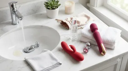 Comprehensive safe use and cleaning guide setup showing a matte red silicone rabbit vibrator, silver chrome jeweled plug, and water-based lube on a marble counter.