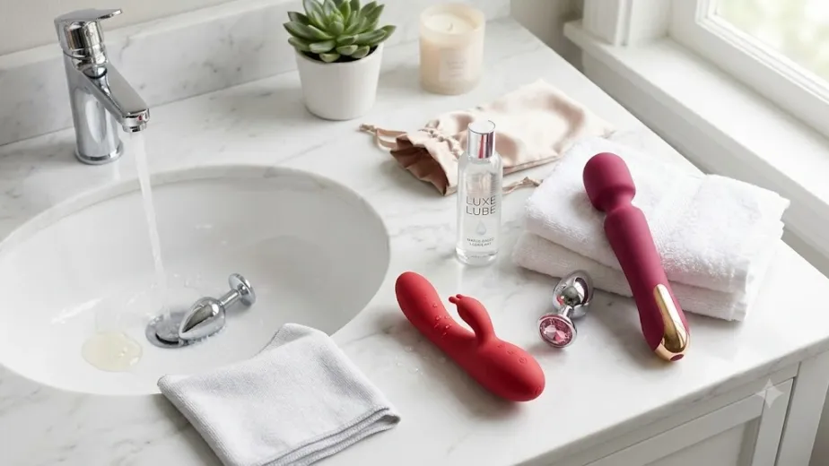 Comprehensive safe use and cleaning guide setup showing a matte red silicone rabbit vibrator, silver chrome jeweled plug, and water-based lube on a marble counter.