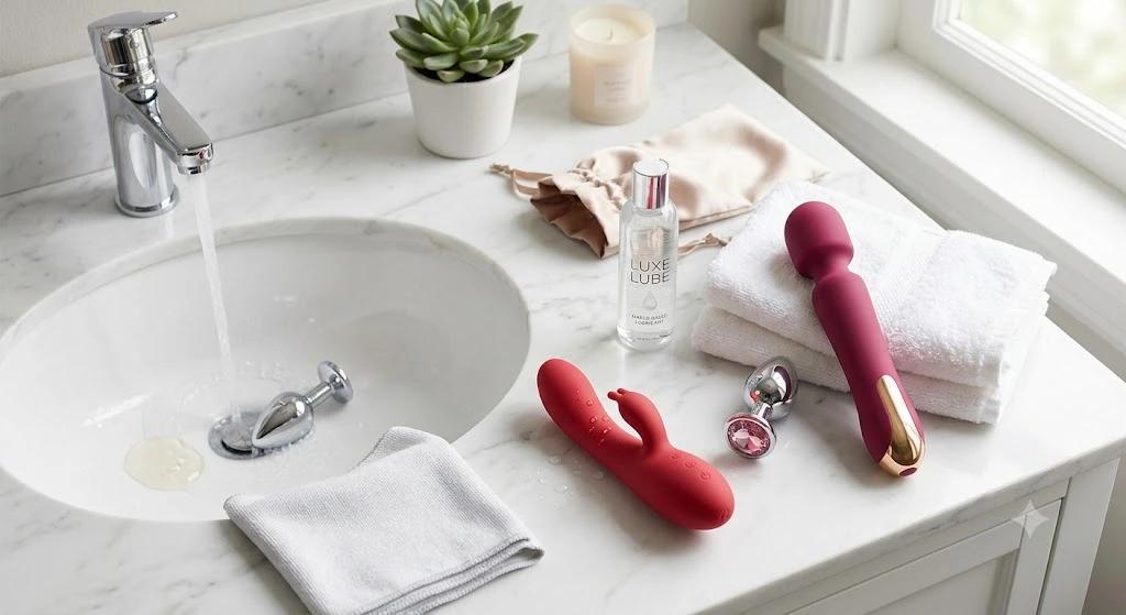 Comprehensive safe use and cleaning guide setup showing a matte red silicone rabbit vibrator, silver chrome jeweled plug, and water-based lube on a marble counter.